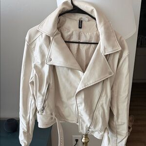 H&M Cream Faux Leather Moto Jacket with Asymmetrical Zip